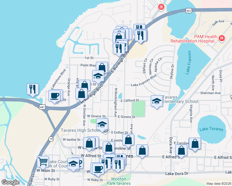 map of restaurants, bars, coffee shops, grocery stores, and more near 1102 North New Hampshire Avenue in Tavares