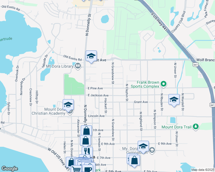 map of restaurants, bars, coffee shops, grocery stores, and more near 312 East Pine Avenue in Mount Dora