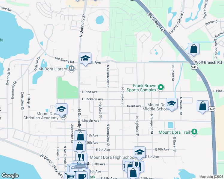 map of restaurants, bars, coffee shops, grocery stores, and more near 1630 North Grandview Street in Mount Dora