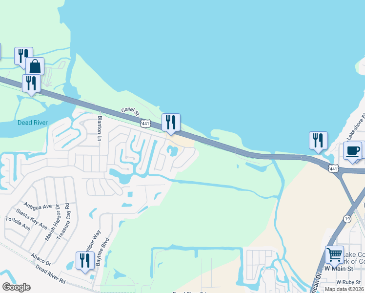 map of restaurants, bars, coffee shops, grocery stores, and more near 2040 Vindale Road in Tavares