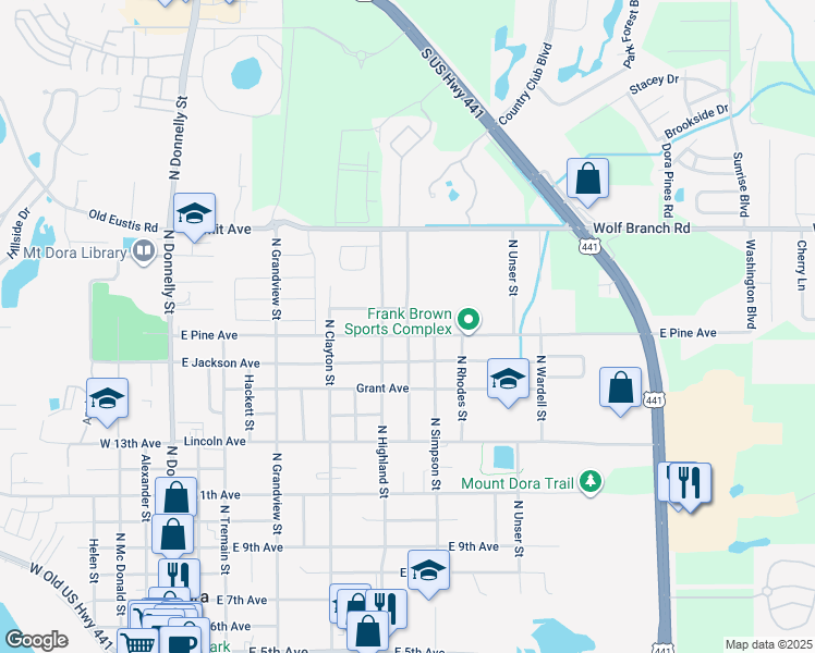 map of restaurants, bars, coffee shops, grocery stores, and more near 925 Fearon Avenue in Mount Dora