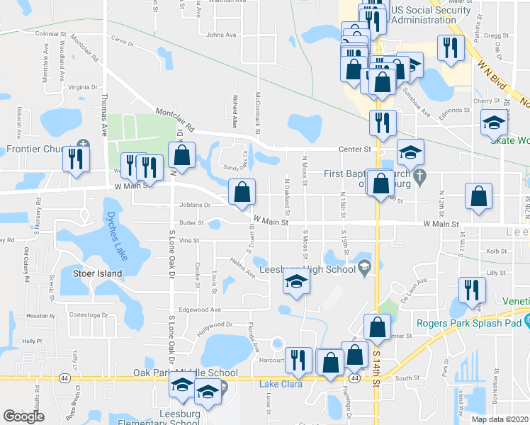 map of restaurants, bars, coffee shops, grocery stores, and more near 105 North Chester Street in Leesburg
