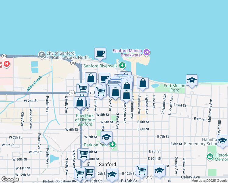 map of restaurants, bars, coffee shops, grocery stores, and more near 114 West 1st Street in Sanford