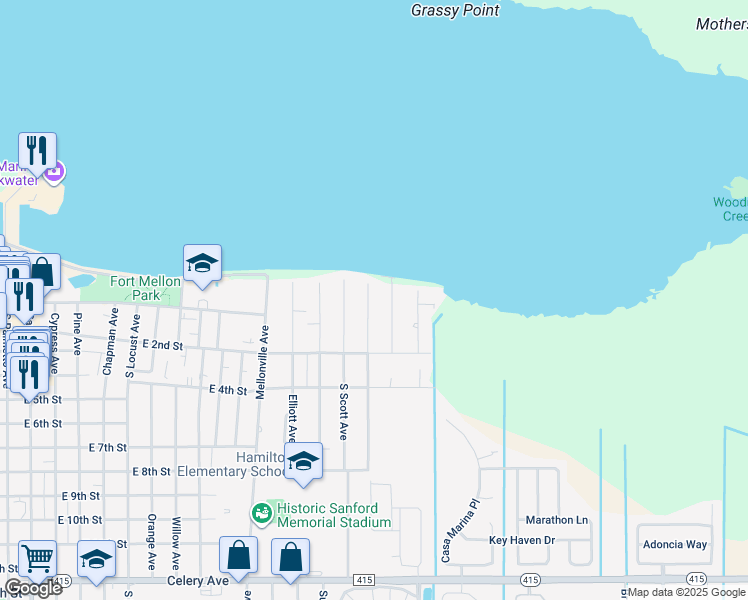 map of restaurants, bars, coffee shops, grocery stores, and more near 121 North Virginia Avenue in Sanford