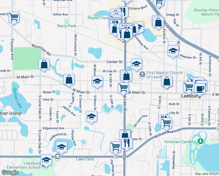 map of restaurants, bars, coffee shops, grocery stores, and more near 103 North 15th Street in Leesburg