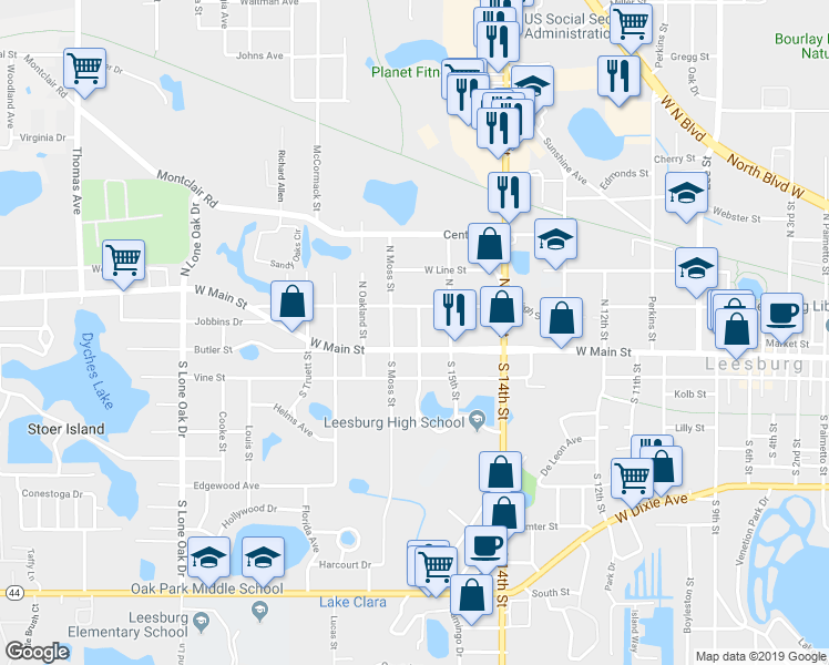 map of restaurants, bars, coffee shops, grocery stores, and more near 109 North College Street in Leesburg