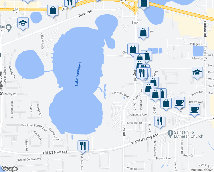 map of restaurants, bars, coffee shops, grocery stores, and more near 4300 Baywood Blvd in Mt Dora
