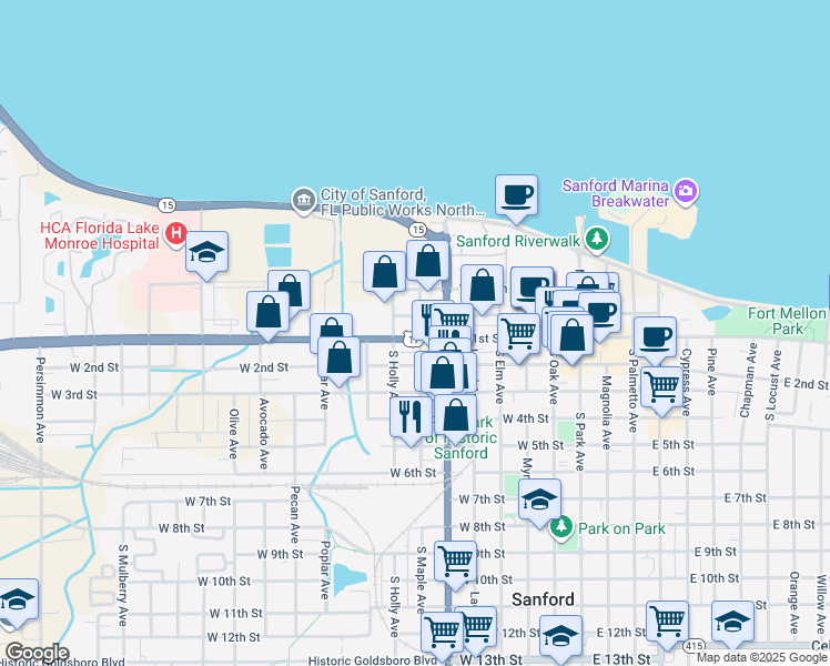map of restaurants, bars, coffee shops, grocery stores, and more near 700 West 1st Street in Sanford