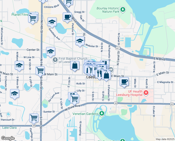 map of restaurants, bars, coffee shops, grocery stores, and more near 117 Orange Avenue in Leesburg