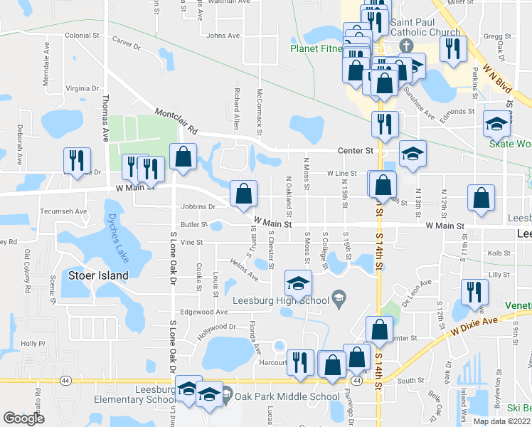 map of restaurants, bars, coffee shops, grocery stores, and more near 108 North Chester Street in Leesburg