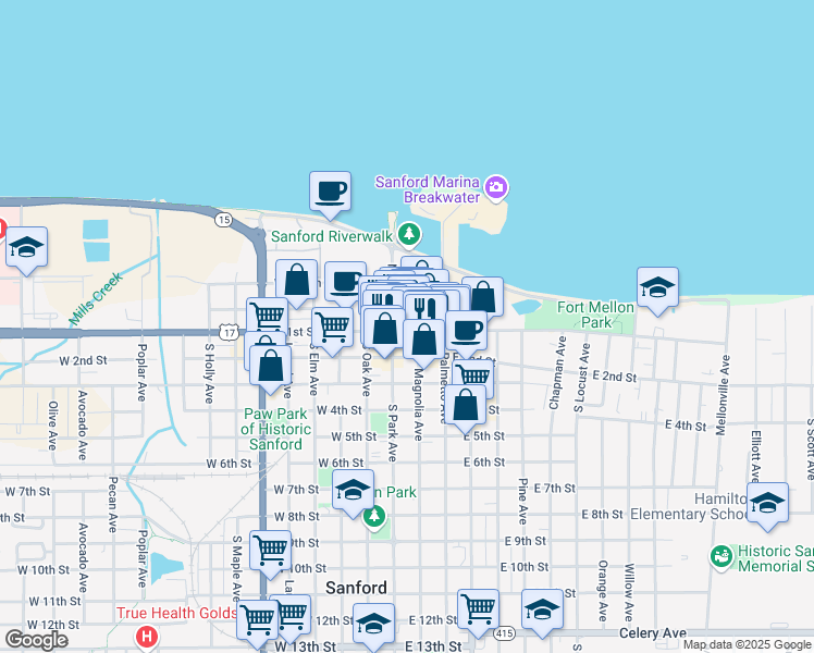 map of restaurants, bars, coffee shops, grocery stores, and more near 206 East 1st Street in Sanford