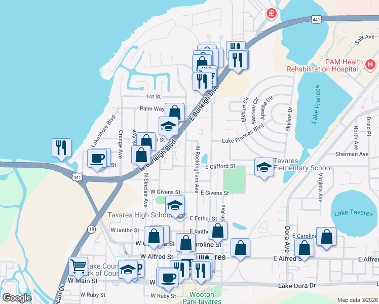 map of restaurants, bars, coffee shops, grocery stores, and more near 1102 North New Hampshire Avenue in Tavares