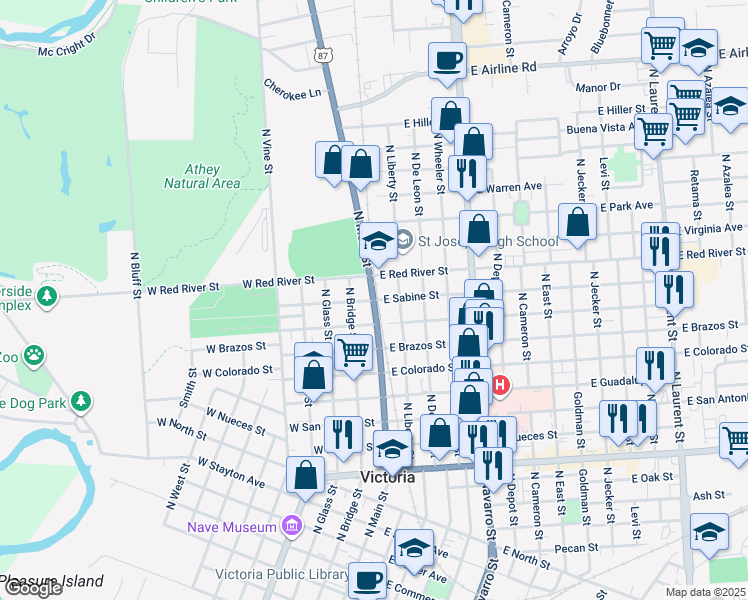 map of restaurants, bars, coffee shops, grocery stores, and more near 2 East Sabine Street in Victoria