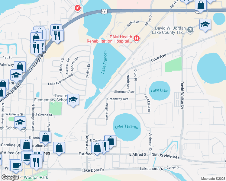 map of restaurants, bars, coffee shops, grocery stores, and more near 1201 Sherman Avenue in Tavares