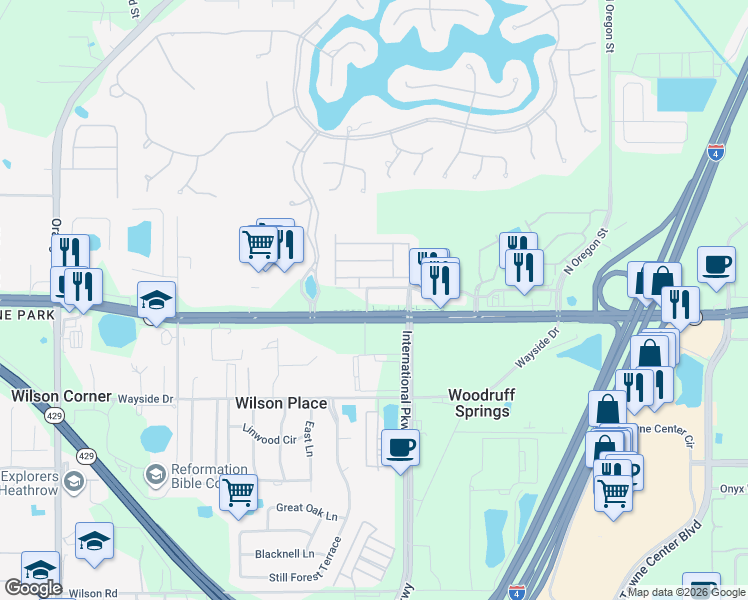 map of restaurants, bars, coffee shops, grocery stores, and more near 109 Bernini Way in Sanford