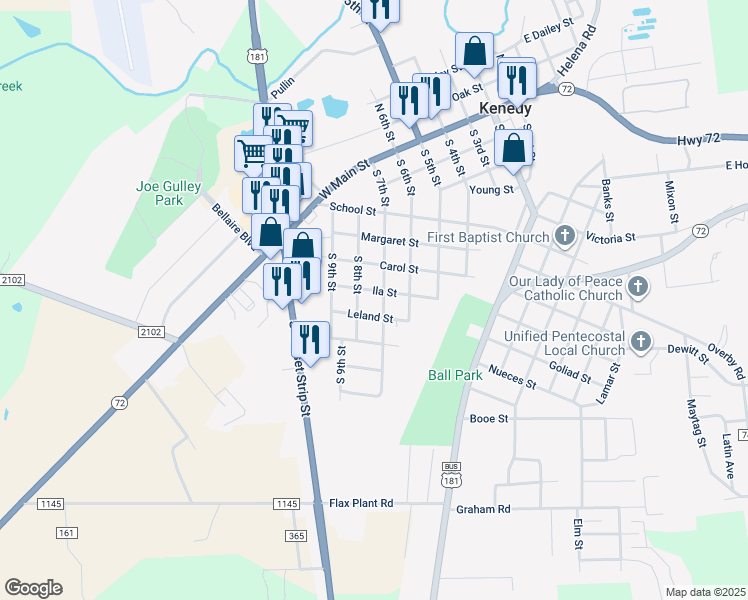 map of restaurants, bars, coffee shops, grocery stores, and more near 708 South 7th Street in Kenedy