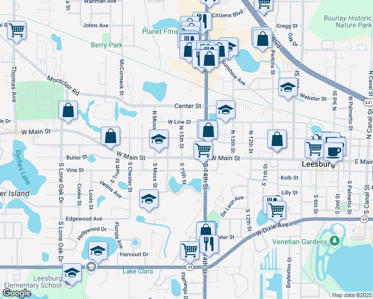 map of restaurants, bars, coffee shops, grocery stores, and more near 106 North 15th Street in Leesburg