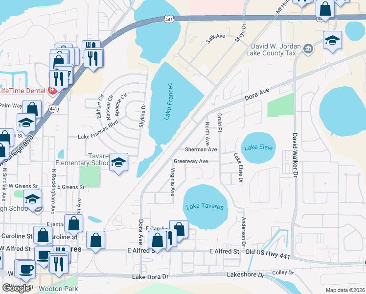 map of restaurants, bars, coffee shops, grocery stores, and more near 1201 Sherman Avenue in Tavares