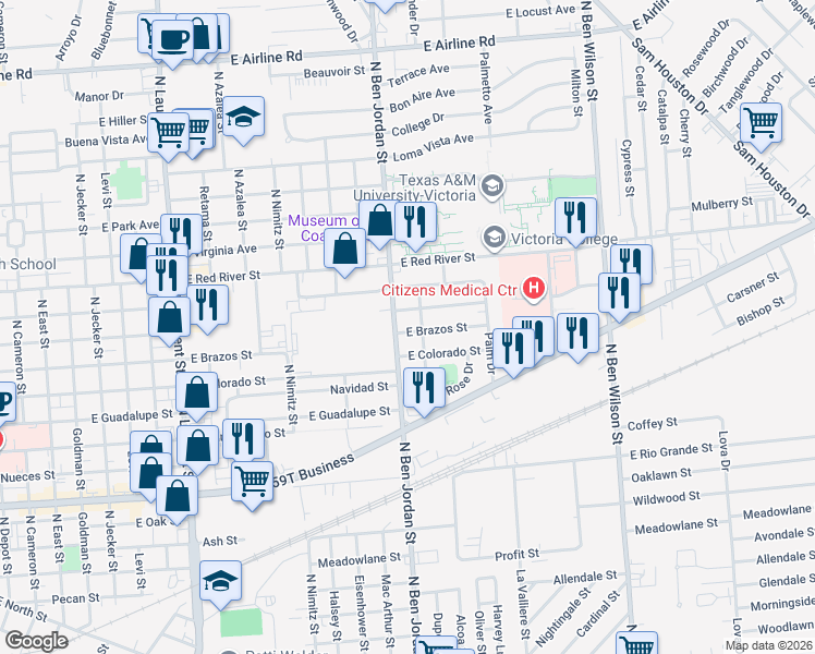 map of restaurants, bars, coffee shops, grocery stores, and more near 2104 East Brazos Street in Victoria
