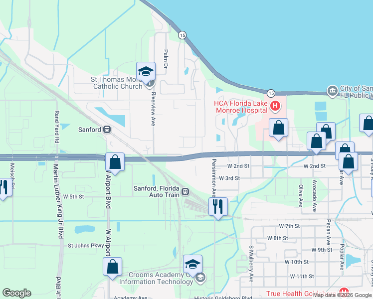 map of restaurants, bars, coffee shops, grocery stores, and more near 2210 West 1st Street in Sanford