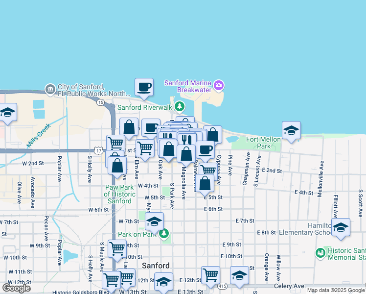 map of restaurants, bars, coffee shops, grocery stores, and more near 206 East 1st Street in Sanford