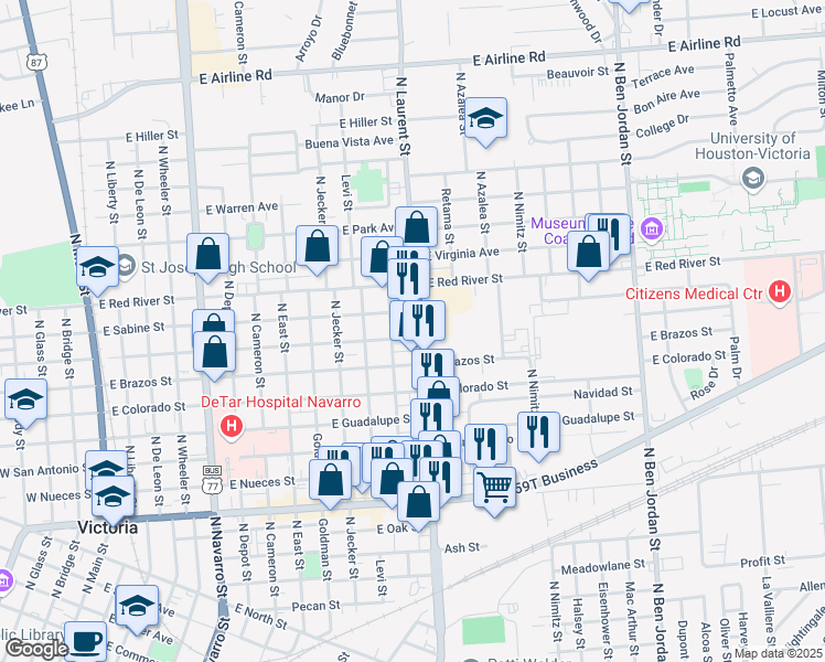 map of restaurants, bars, coffee shops, grocery stores, and more near 2001 North Laurent Street in Victoria