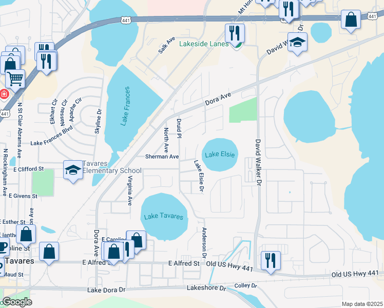 map of restaurants, bars, coffee shops, grocery stores, and more near 1107 Lake Elsie Drive in Tavares