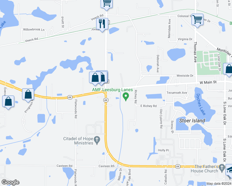 map of restaurants, bars, coffee shops, grocery stores, and more near 2995 West Main Street in Leesburg
