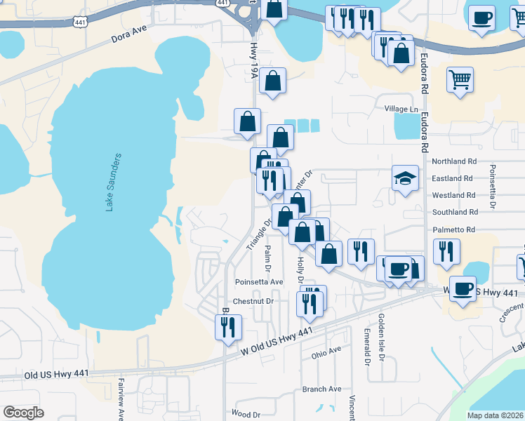 map of restaurants, bars, coffee shops, grocery stores, and more near 4025 N. Hwy 19A in Mount Dora