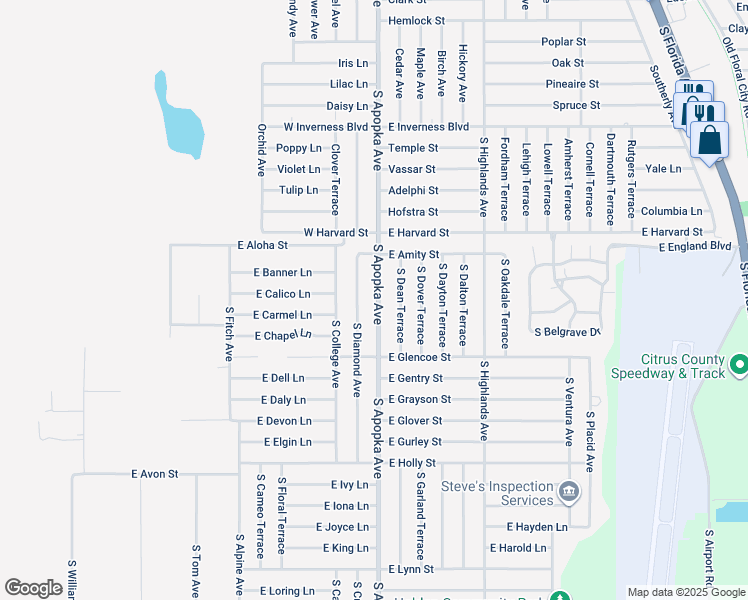 map of restaurants, bars, coffee shops, grocery stores, and more near 3444 South Apopka Avenue in Inverness