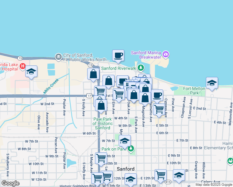 map of restaurants, bars, coffee shops, grocery stores, and more near 211 West 1st Street in Sanford
