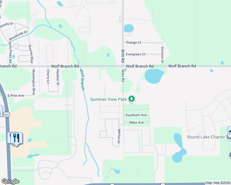 map of restaurants, bars, coffee shops, grocery stores, and more near 1741 Niles Road in Mount Dora