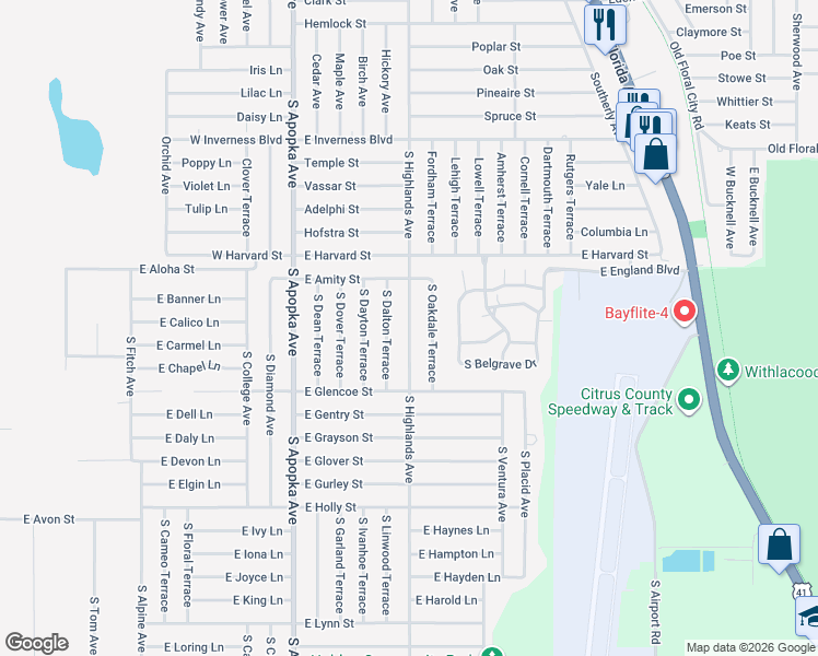 map of restaurants, bars, coffee shops, grocery stores, and more near 3444 South Highlands Avenue in Inverness
