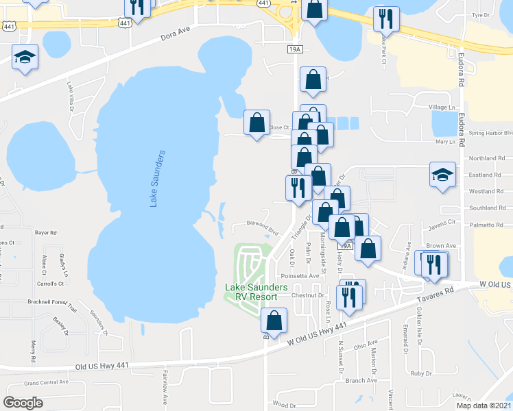 map of restaurants, bars, coffee shops, grocery stores, and more near 1544 Baywood Village Court in Mount Dora