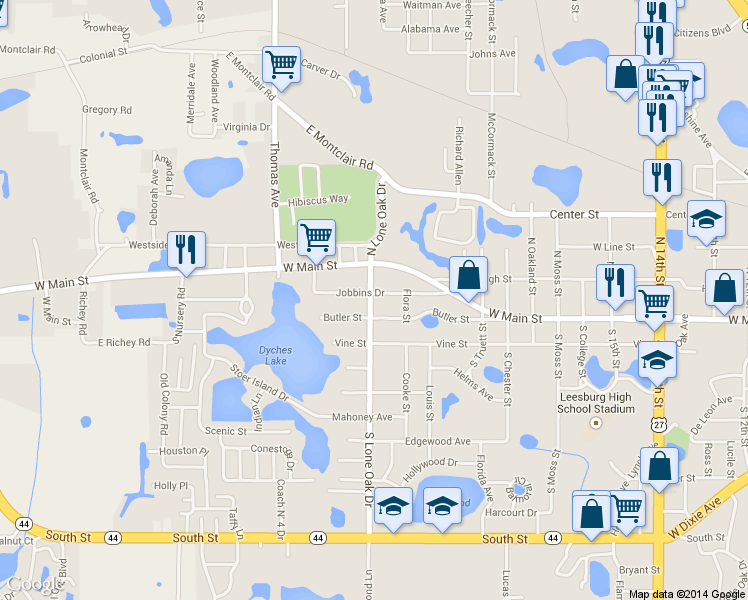 map of restaurants, bars, coffee shops, grocery stores, and more near 114 South Lone Oak Drive in Leesburg