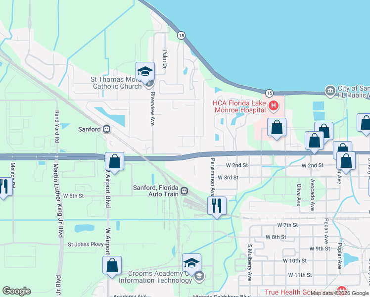 map of restaurants, bars, coffee shops, grocery stores, and more near 2210 West 1st Street in Sanford