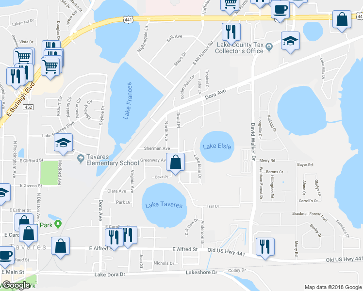 map of restaurants, bars, coffee shops, grocery stores, and more near 1109 Juniper Court in Tavares