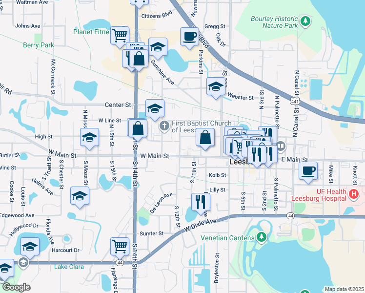 map of restaurants, bars, coffee shops, grocery stores, and more near 108 North 12th Street in Leesburg