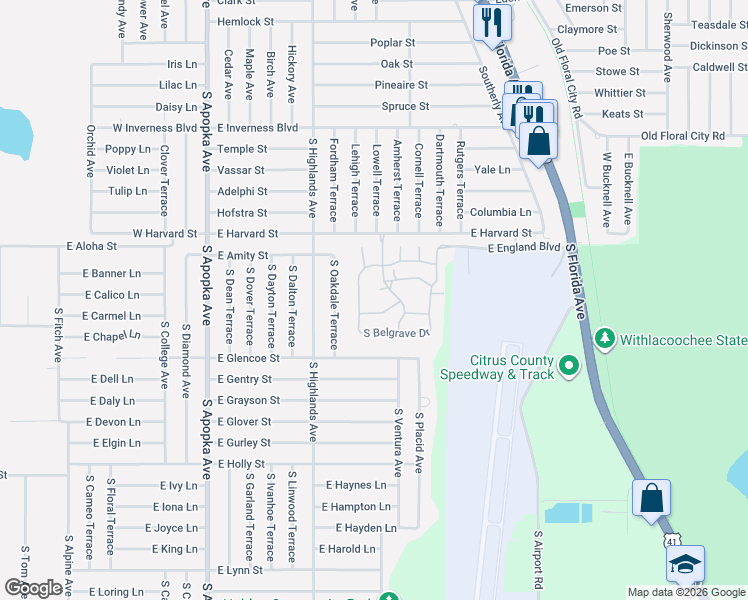 map of restaurants, bars, coffee shops, grocery stores, and more near 6716 East Waybridge Court in Inverness