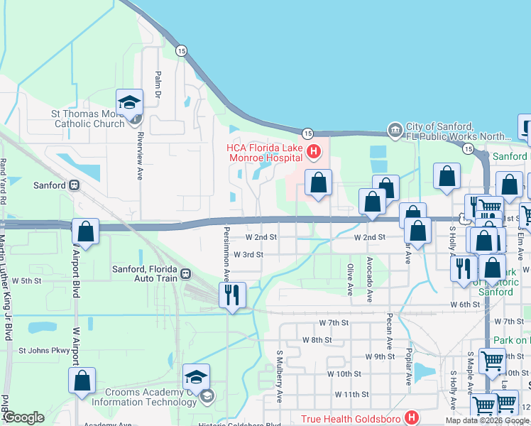 map of restaurants, bars, coffee shops, grocery stores, and more near 1720 West 1st Street in Sanford