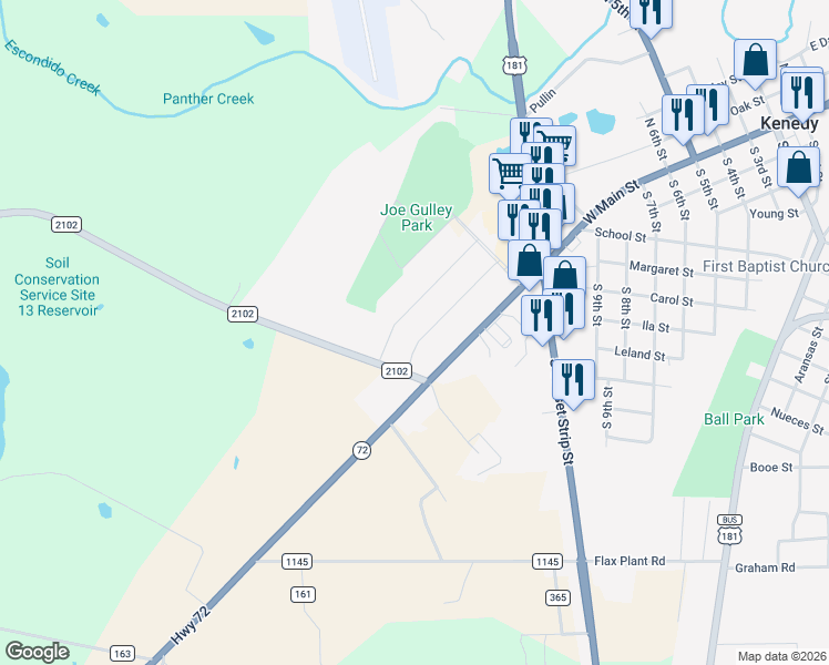 map of restaurants, bars, coffee shops, grocery stores, and more near 136 Robinhood in Kenedy
