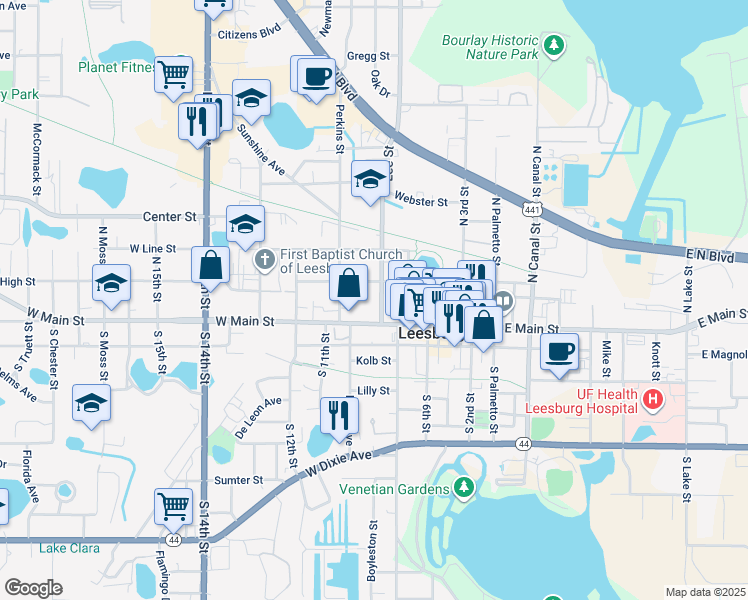 map of restaurants, bars, coffee shops, grocery stores, and more near 107 Lee Street in Leesburg