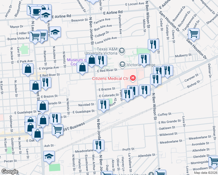 map of restaurants, bars, coffee shops, grocery stores, and more near 2210 East Brazos Street in Victoria