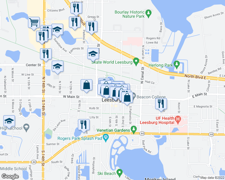 map of restaurants, bars, coffee shops, grocery stores, and more near 501 West Meadow Street in Leesburg