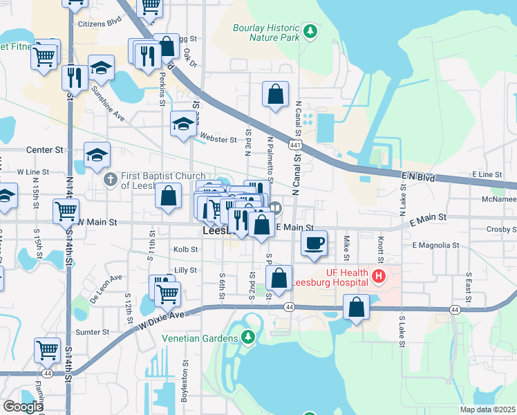 map of restaurants, bars, coffee shops, grocery stores, and more near 212 North 2nd Street in Leesburg