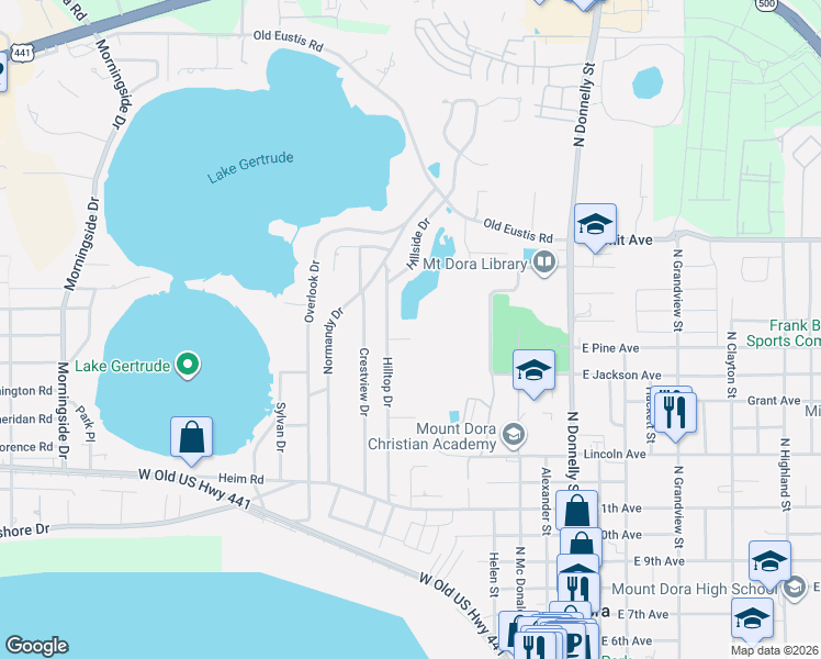 map of restaurants, bars, coffee shops, grocery stores, and more near 705 West Summit Court in Mount Dora