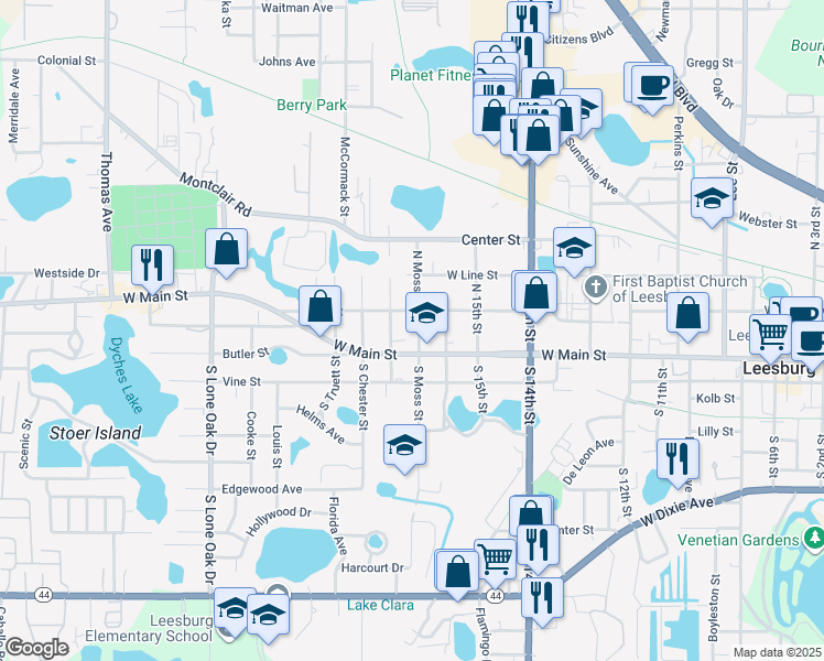map of restaurants, bars, coffee shops, grocery stores, and more near 109 North Moss Street in Leesburg