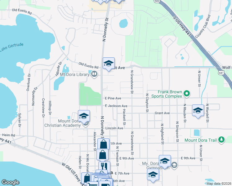 map of restaurants, bars, coffee shops, grocery stores, and more near 202 Fearon Avenue in Mount Dora
