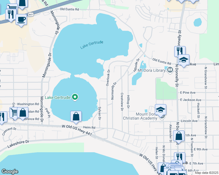 map of restaurants, bars, coffee shops, grocery stores, and more near 1726 Overlook Drive in Mount Dora