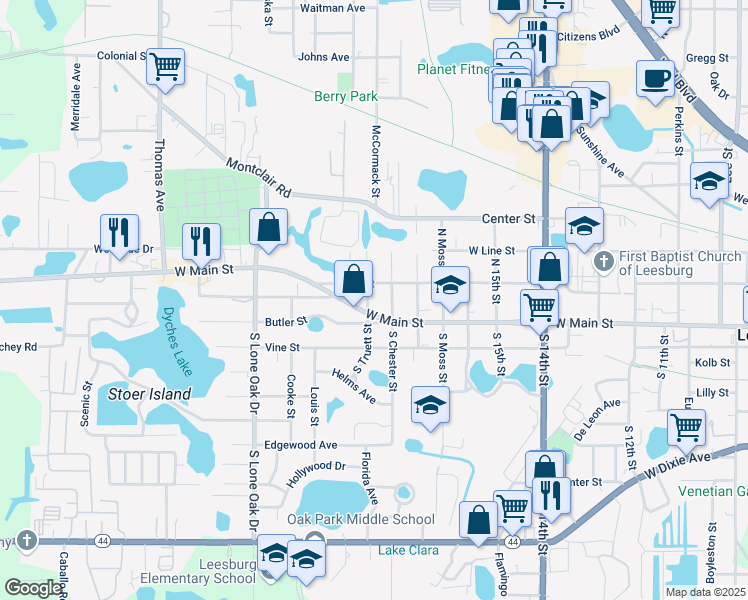 map of restaurants, bars, coffee shops, grocery stores, and more near 2000 West Main Street in Leesburg